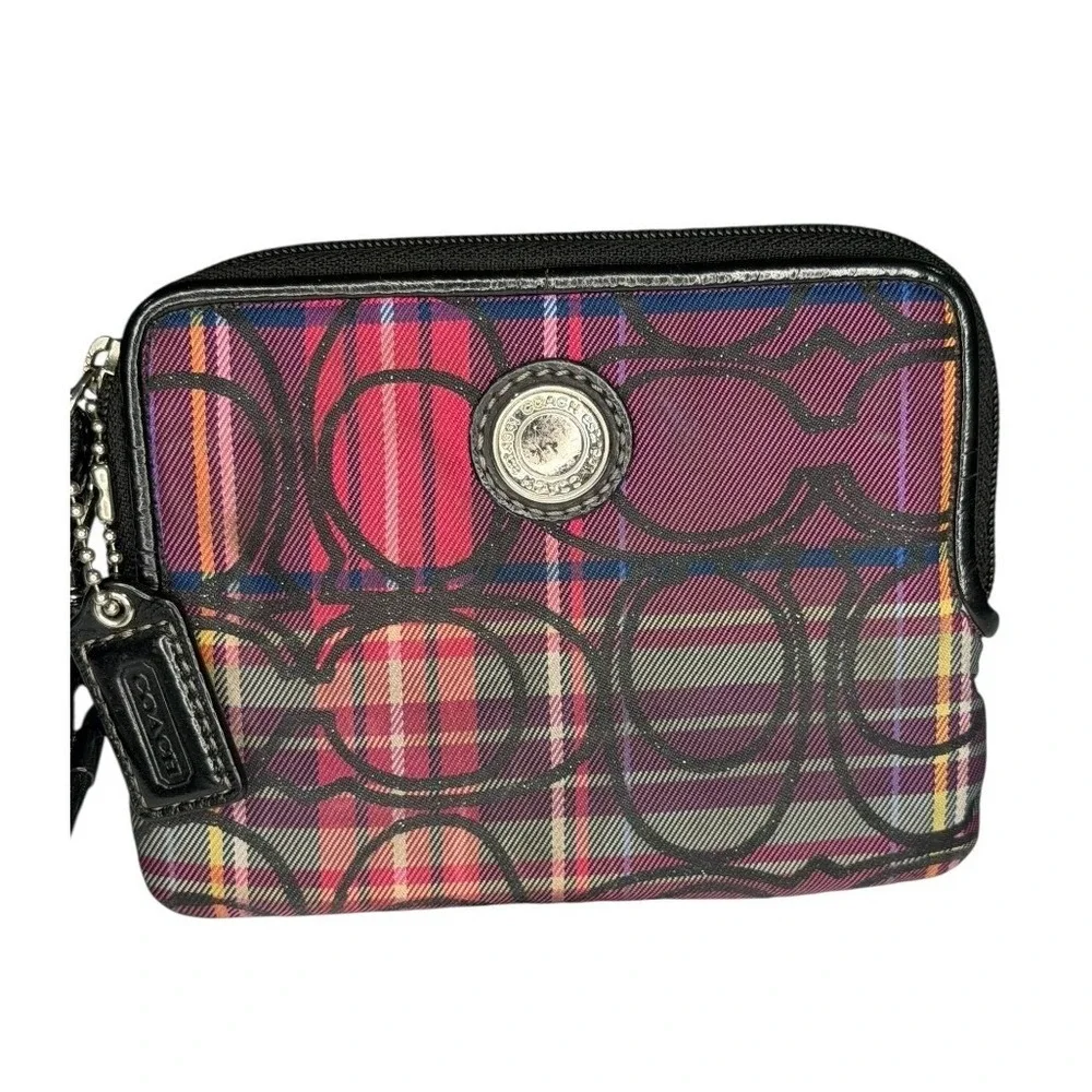 Coach Signature Plaid Wristlet Zip Wallet Pouch | Subtle Shimmer | Pink Interior - Picture 2 of 8